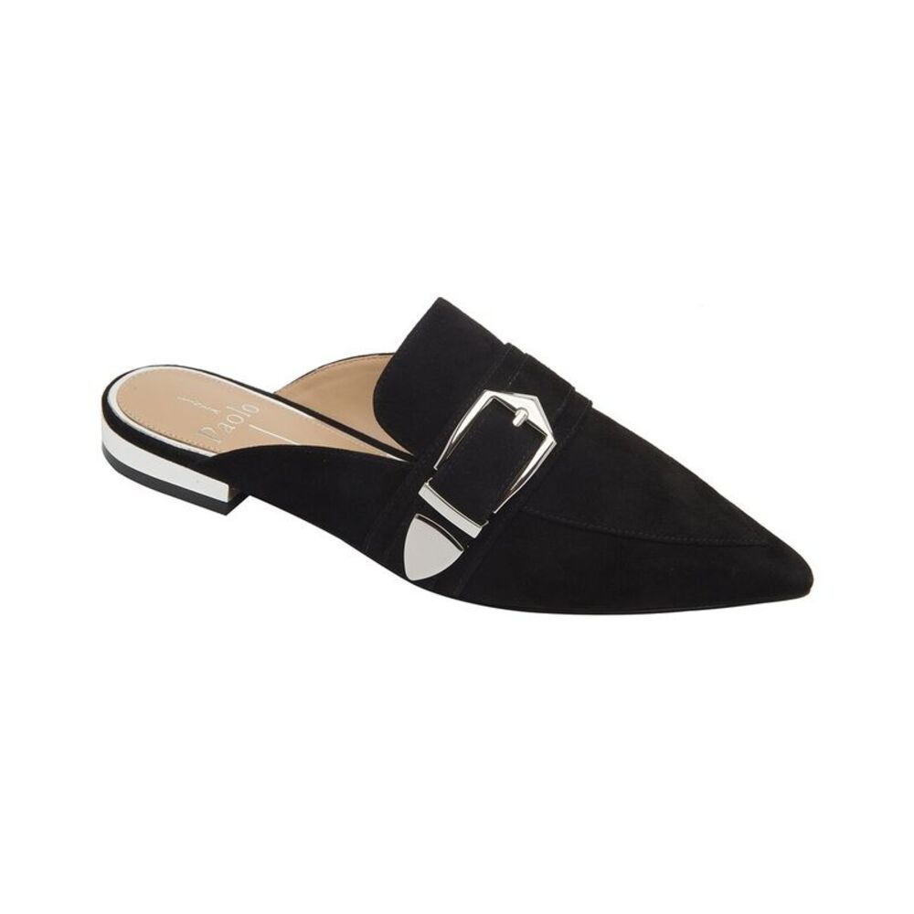 Paolo Black Suede Pointed Toe Buckle Mule